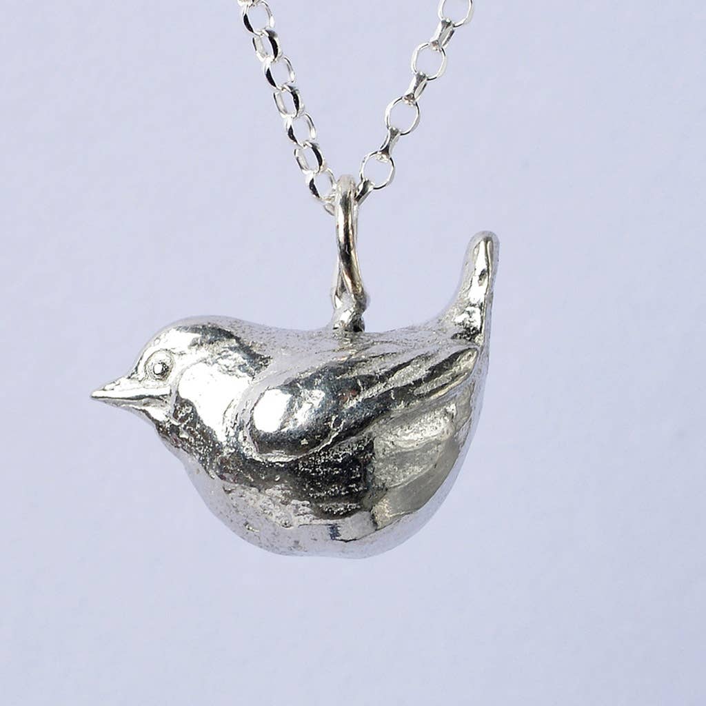 Pewter & sterling silver wren necklace