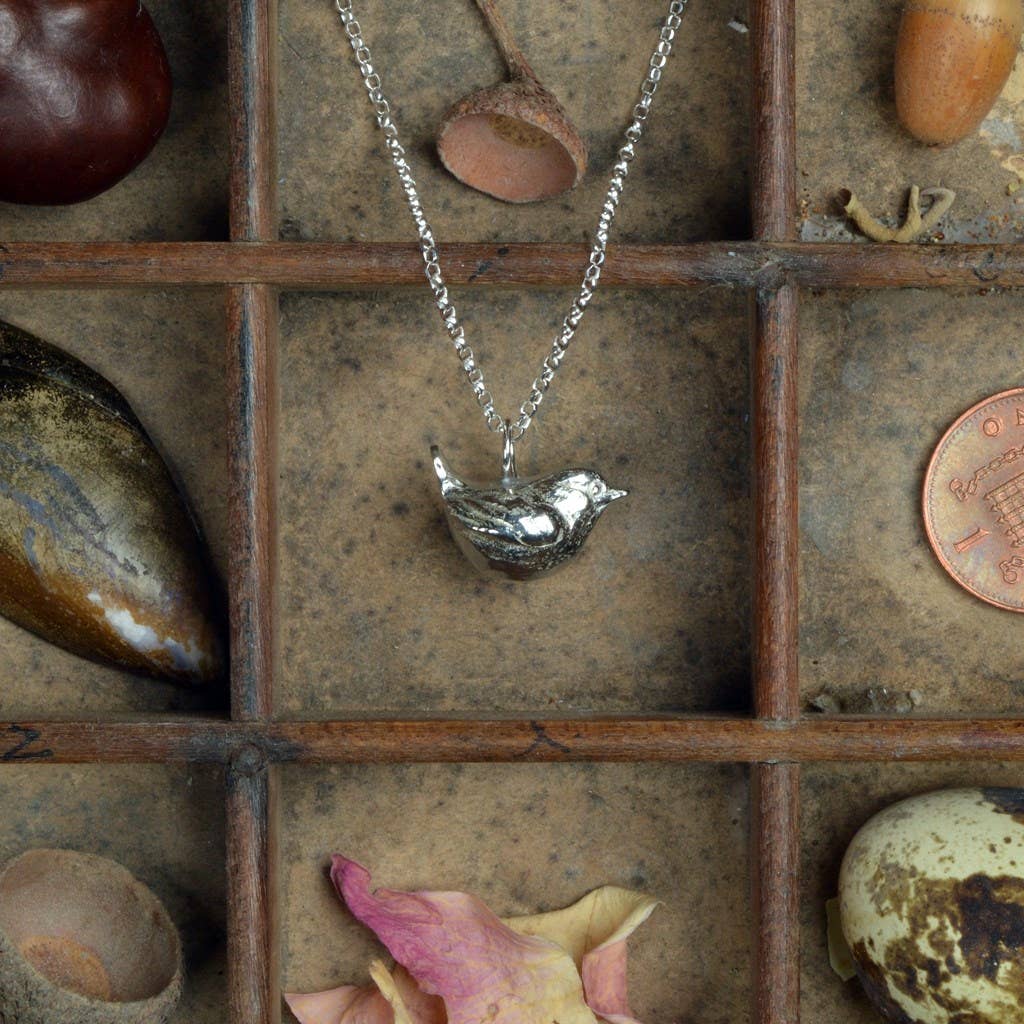 Pewter & sterling silver wren necklace