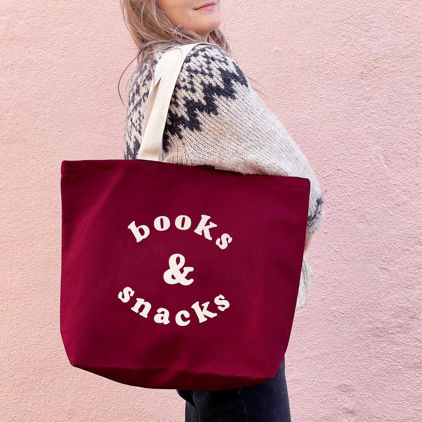 Burgundy books & snacks canvas tote bag