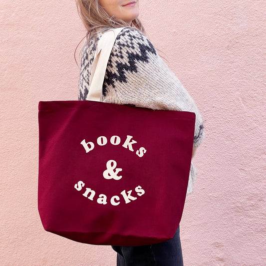 Burgundy books & snacks canvas tote bag