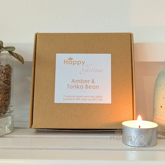 Amber & tonka bean soy wax fragranced tealight candles - box of nine