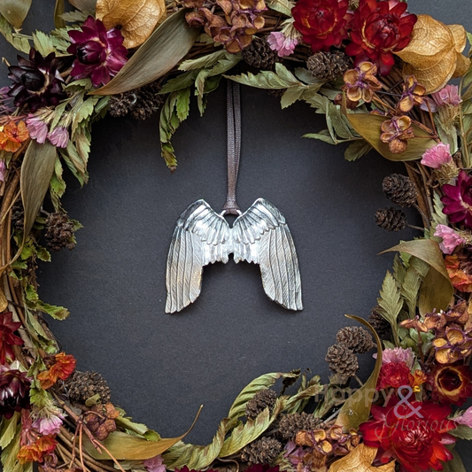 Pewter angel wings Christmas tree decoration - handmade by Lancaster & Gibbings