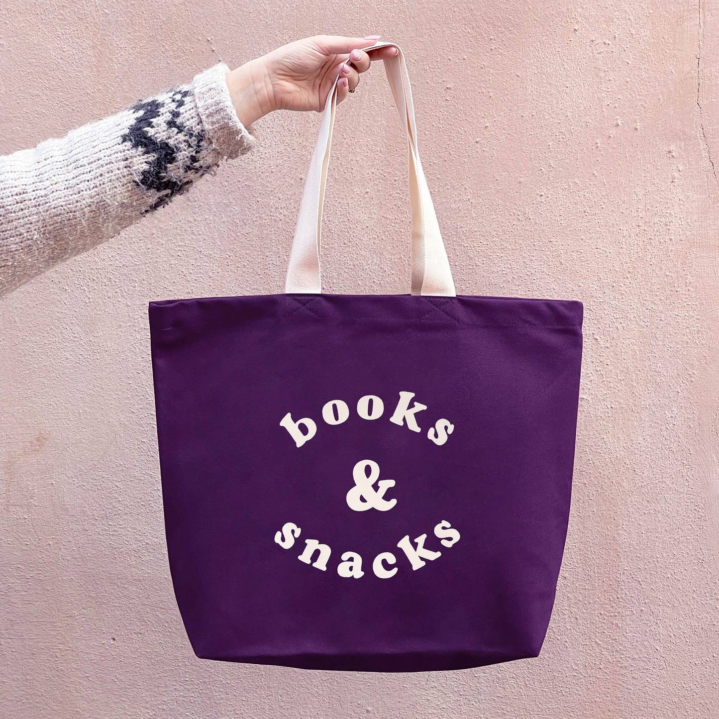 Purple books & snacks canvas tote bag