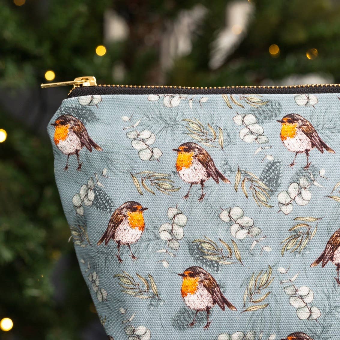Blue robin & eucalyptus organic cotton wash bag