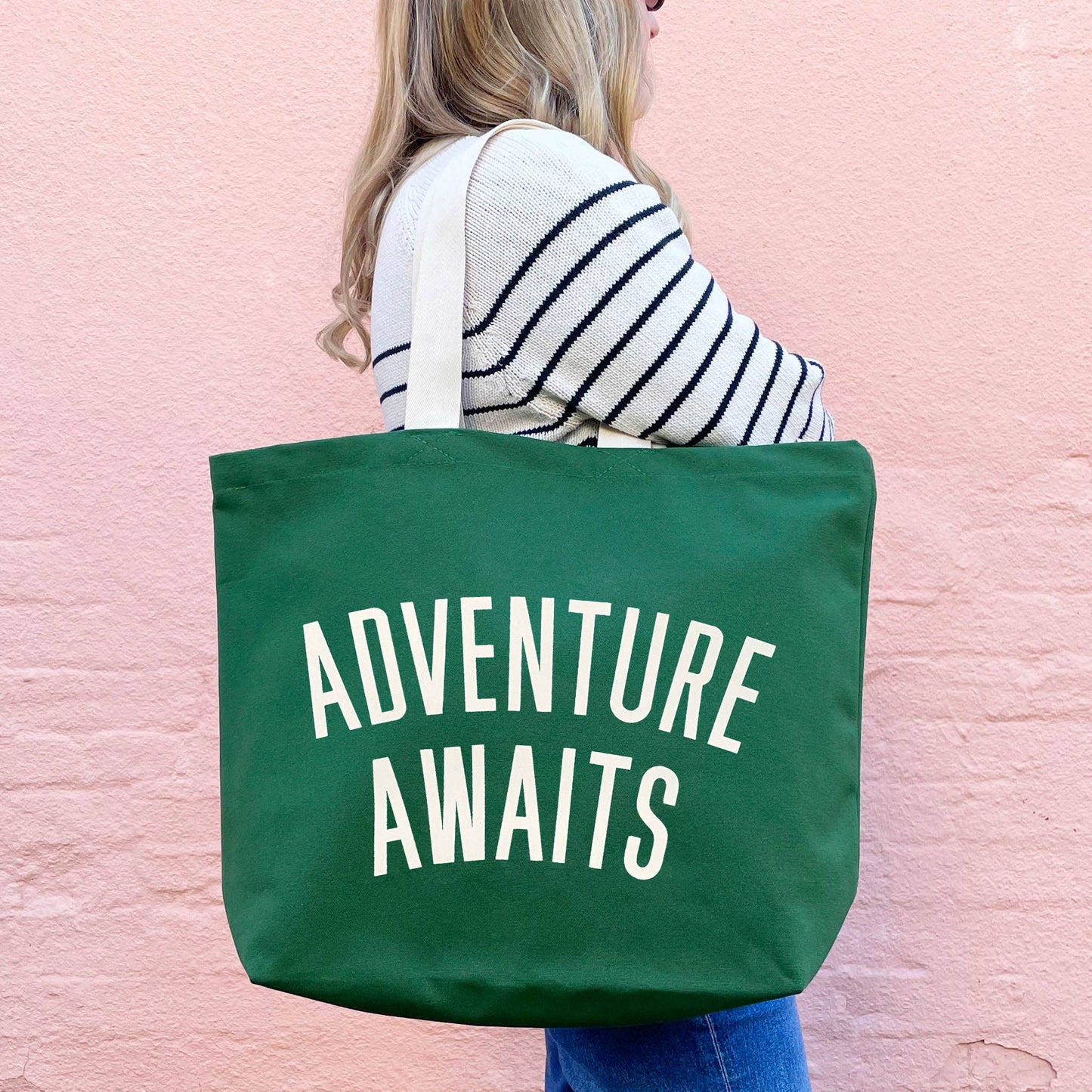 Adventure awaits forest green canvas tote bag