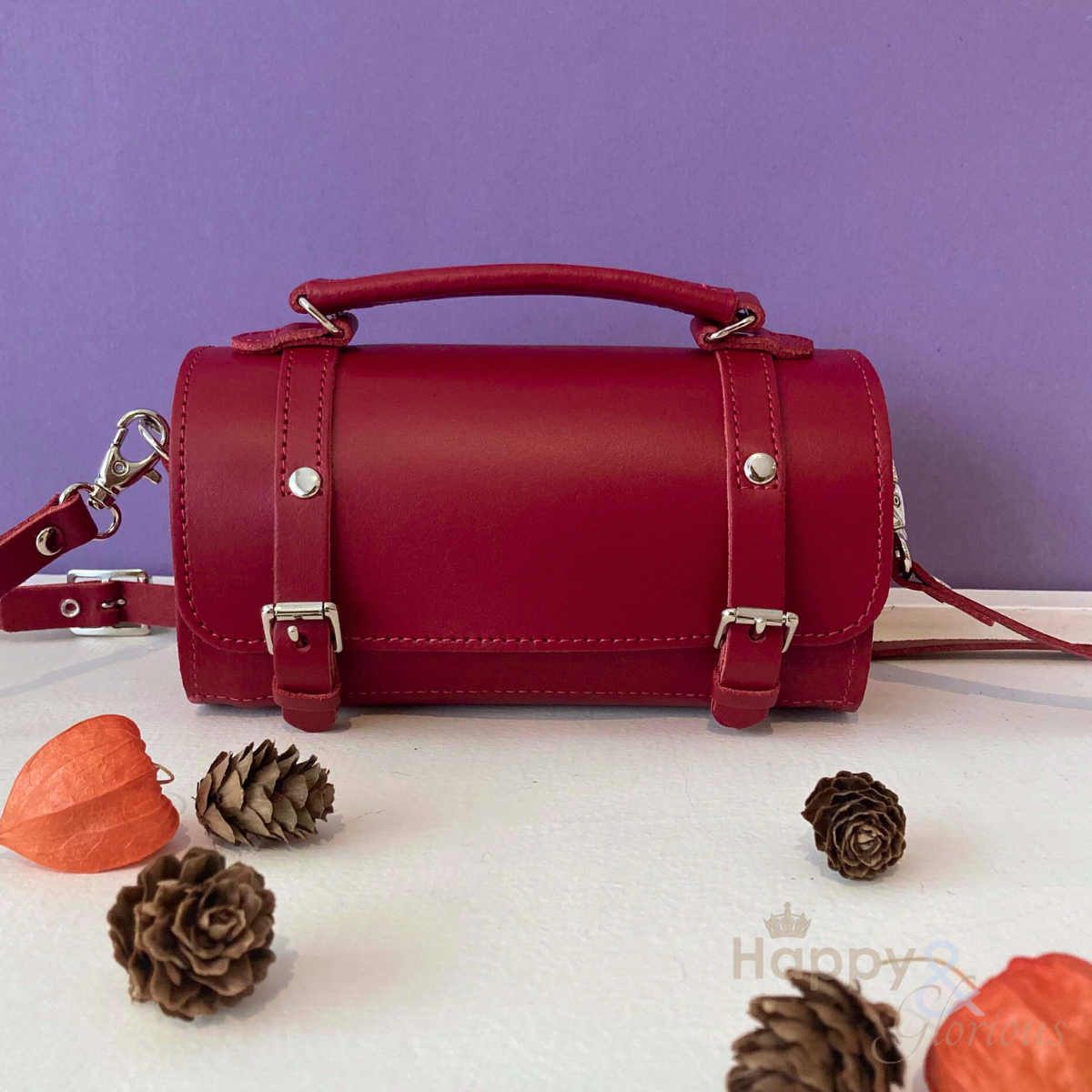 Handmade red leather bowler bag