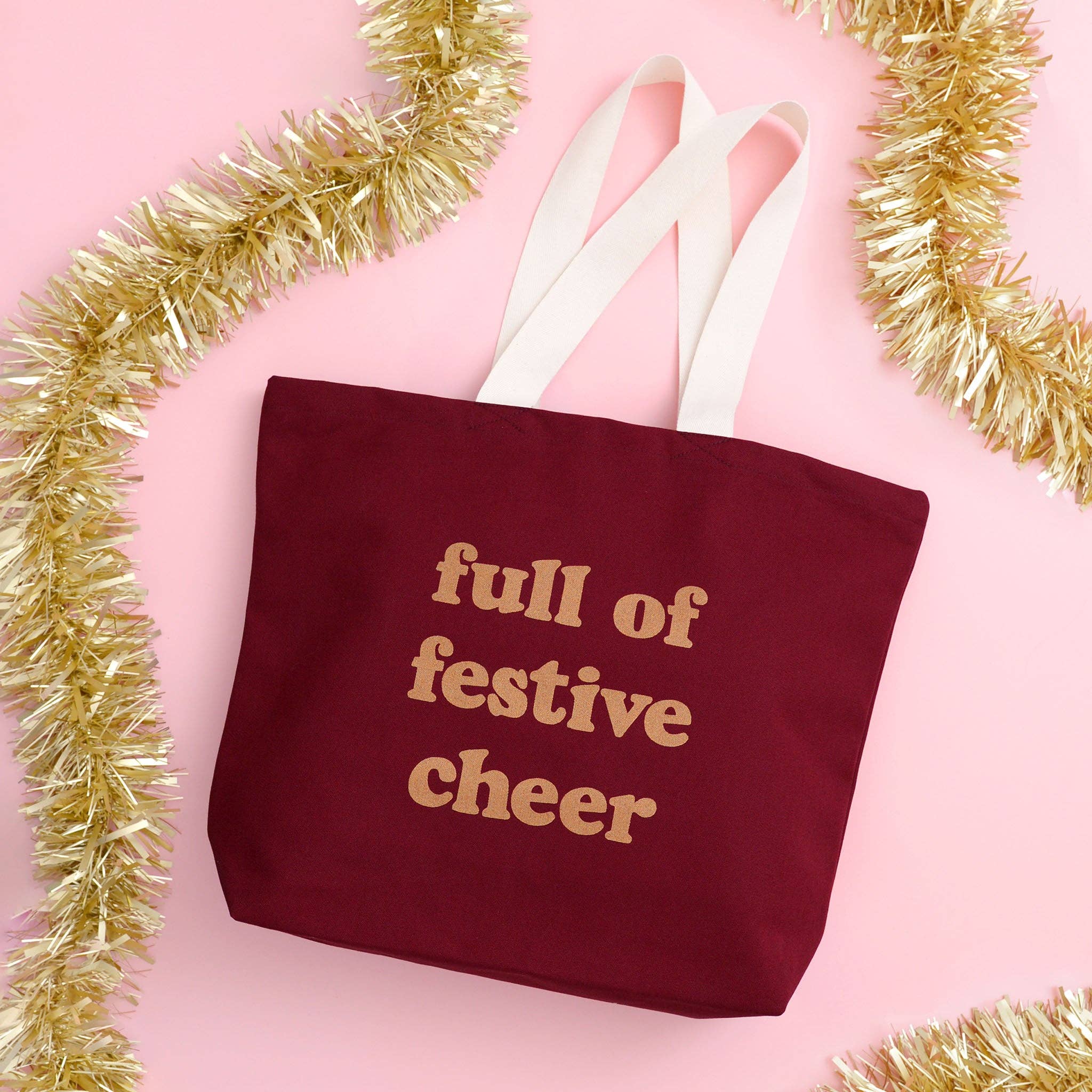 Full of festive cheer burgundy tote bag Happy Glorious