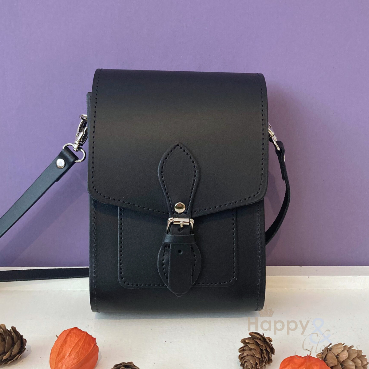 Handmade black leather festival bag