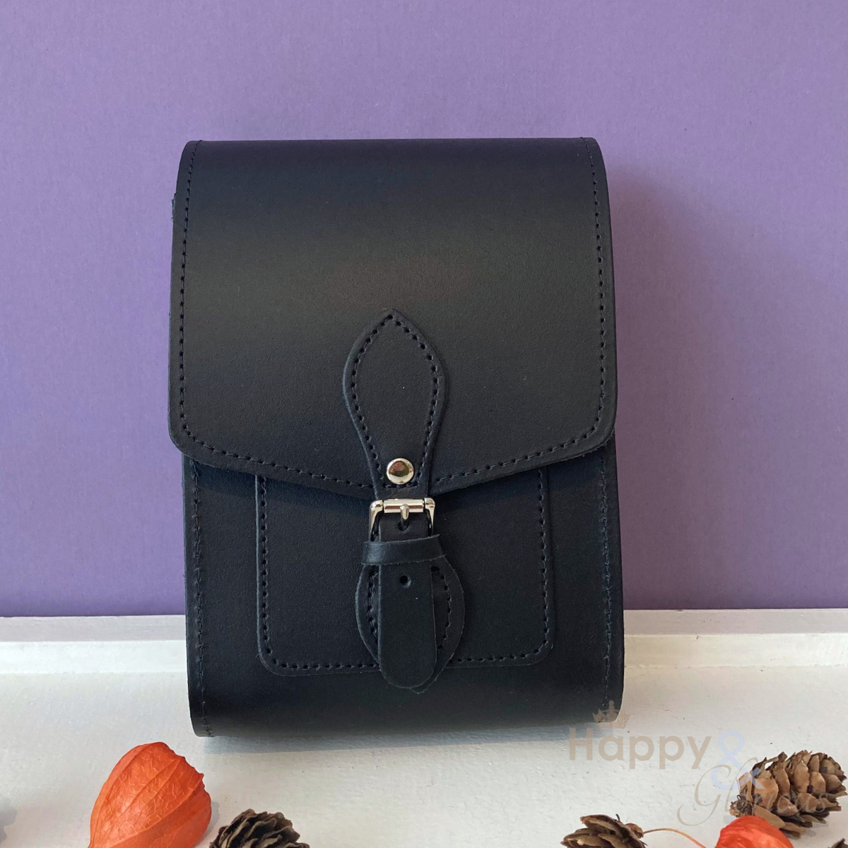 Handmade black leather festival bag