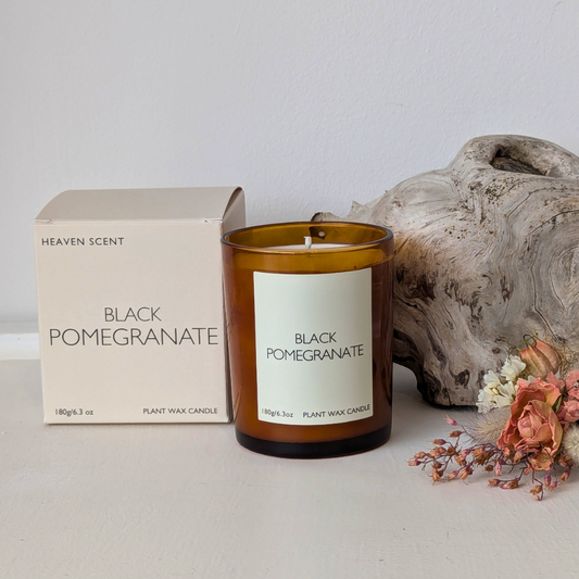 Black Pomegranate soy wax candle in amber glass