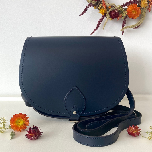 Navy handmade leather saddle bag