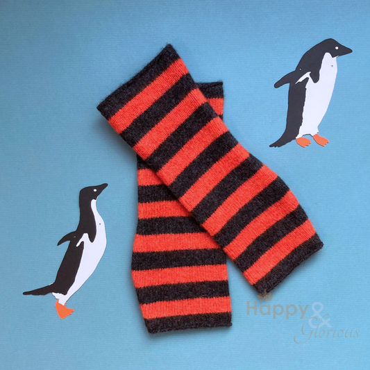 Burnt orange & grey stripe felted merino wool wristwarmer gloves