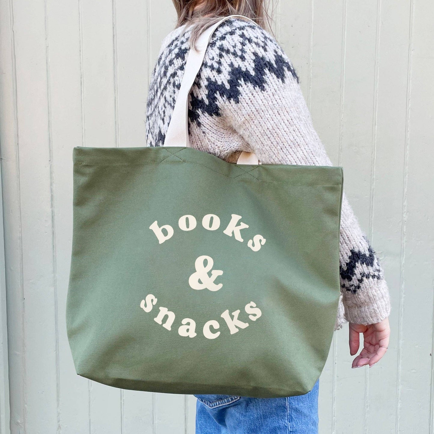 Books & Snacks - olive green canvas tote bag
