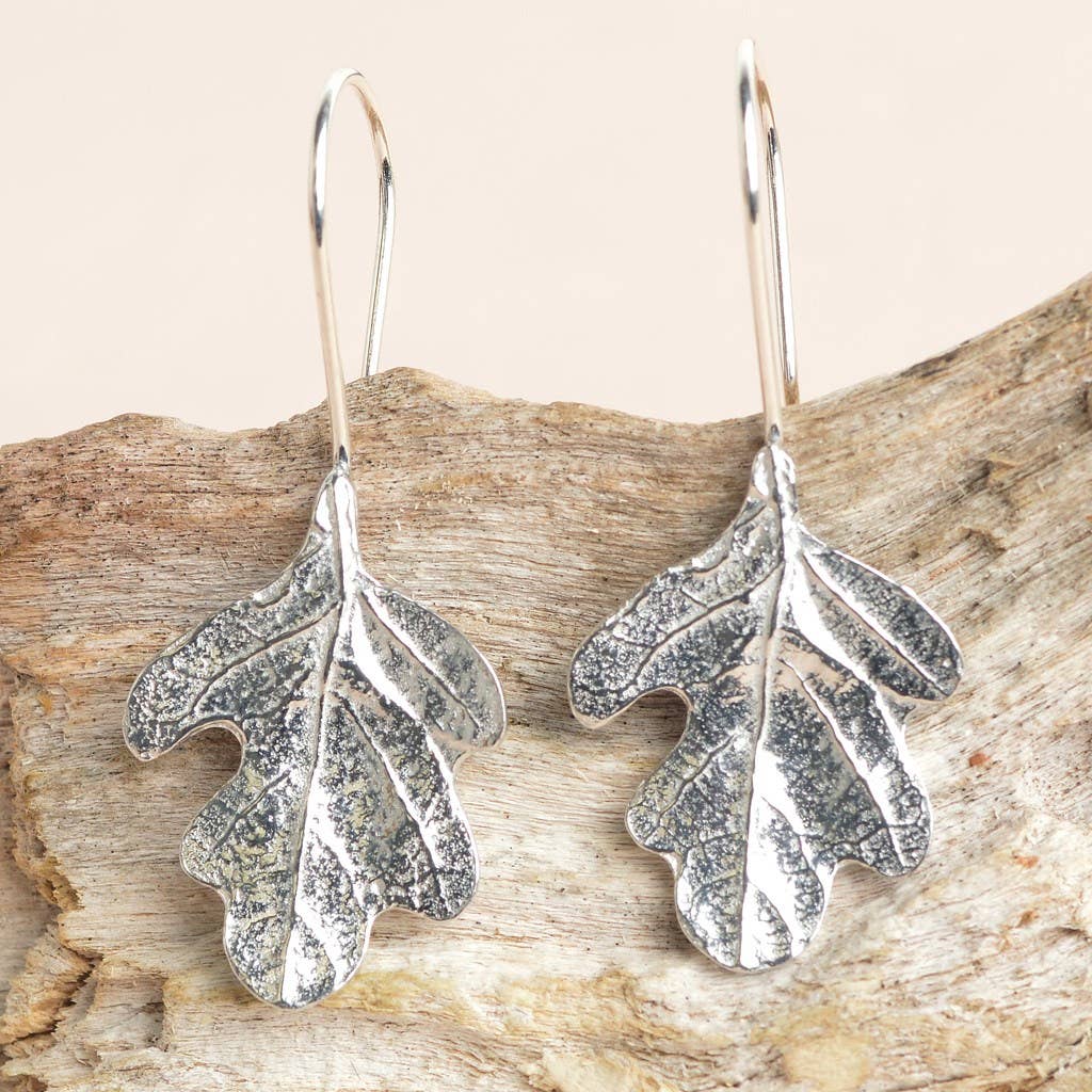 Pewter & sterling silver oak leaf drop earrings