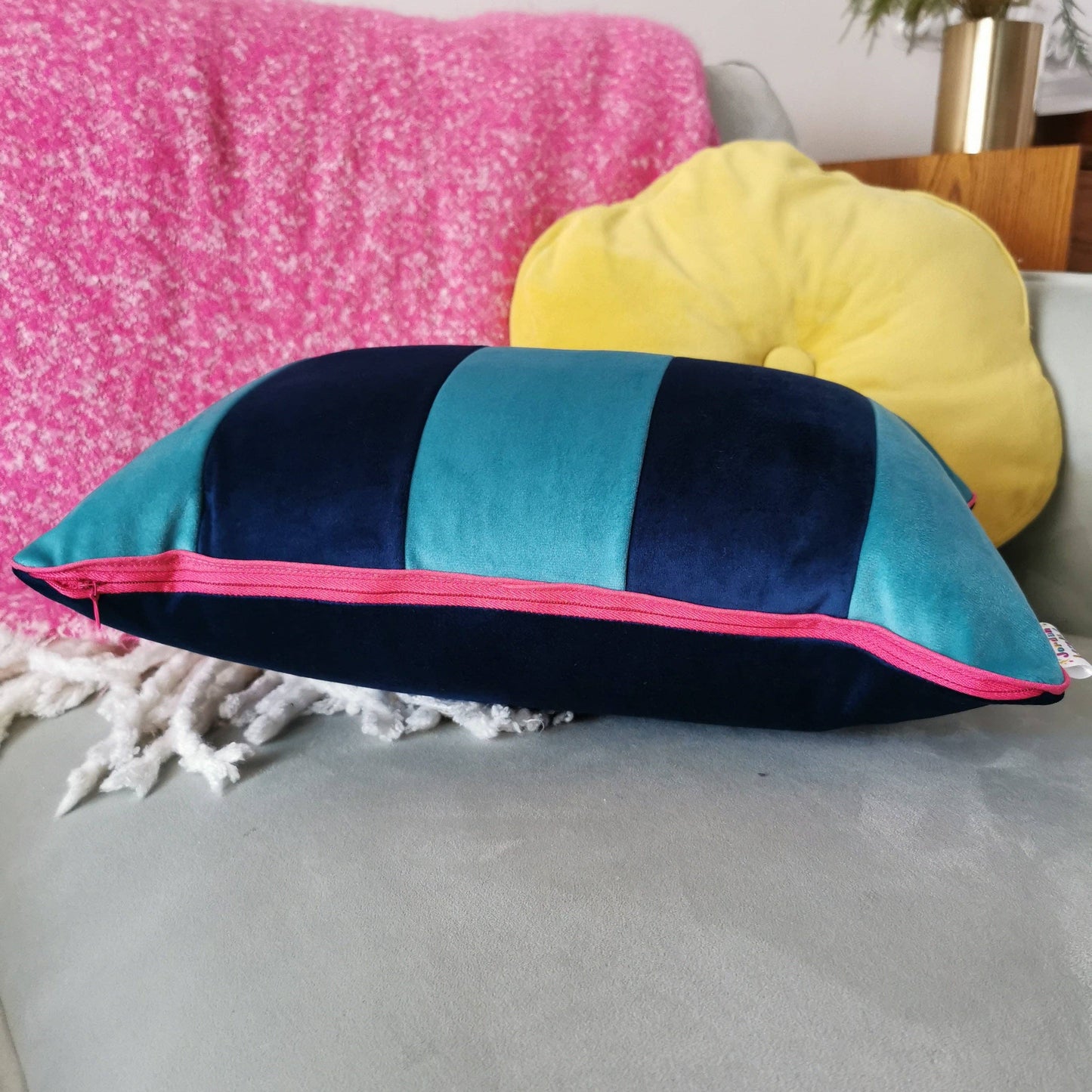 Teal Stripe velvet cushion