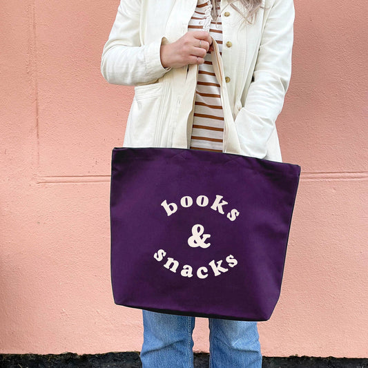 Purple books & snacks canvas tote bag