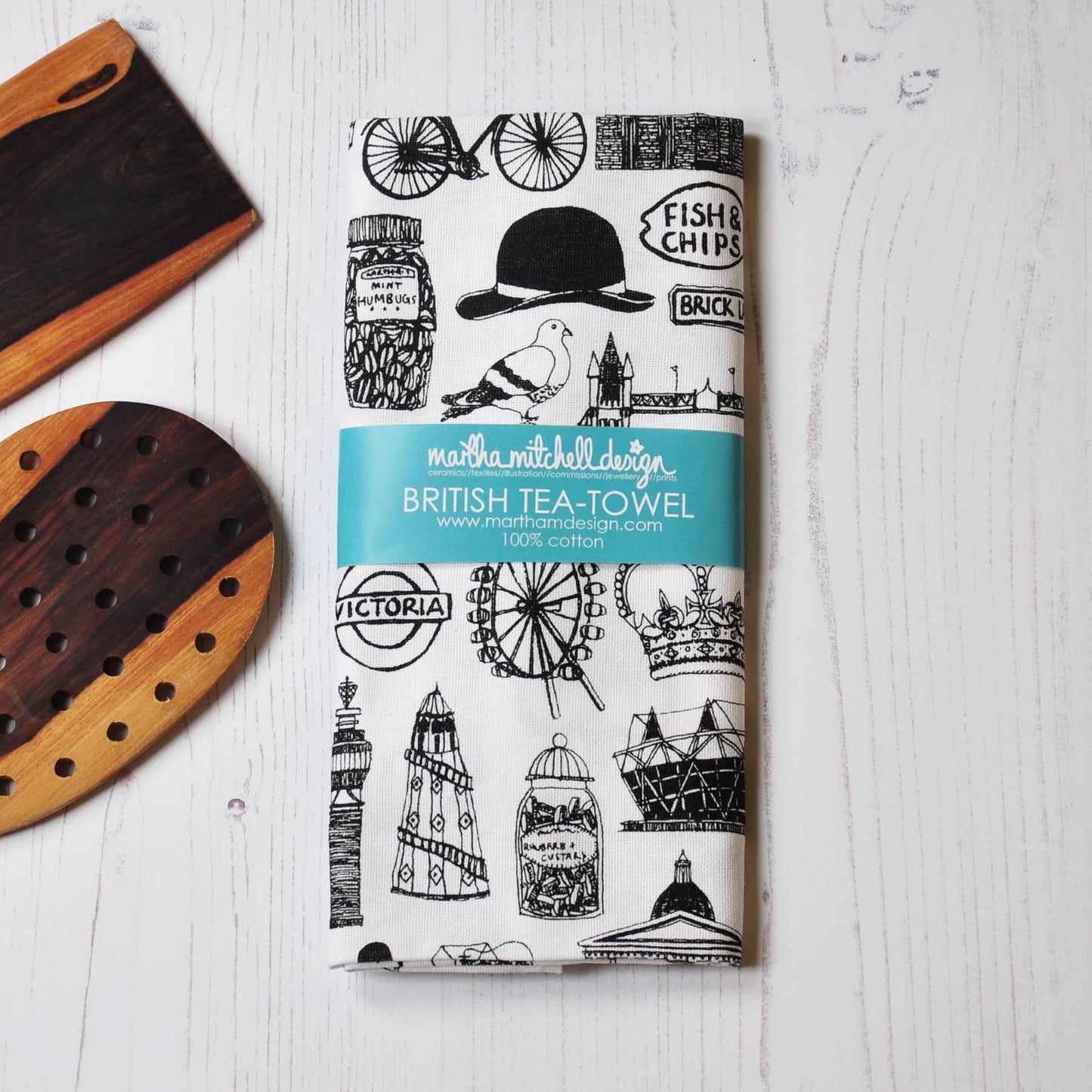 British icons black & white tea towel