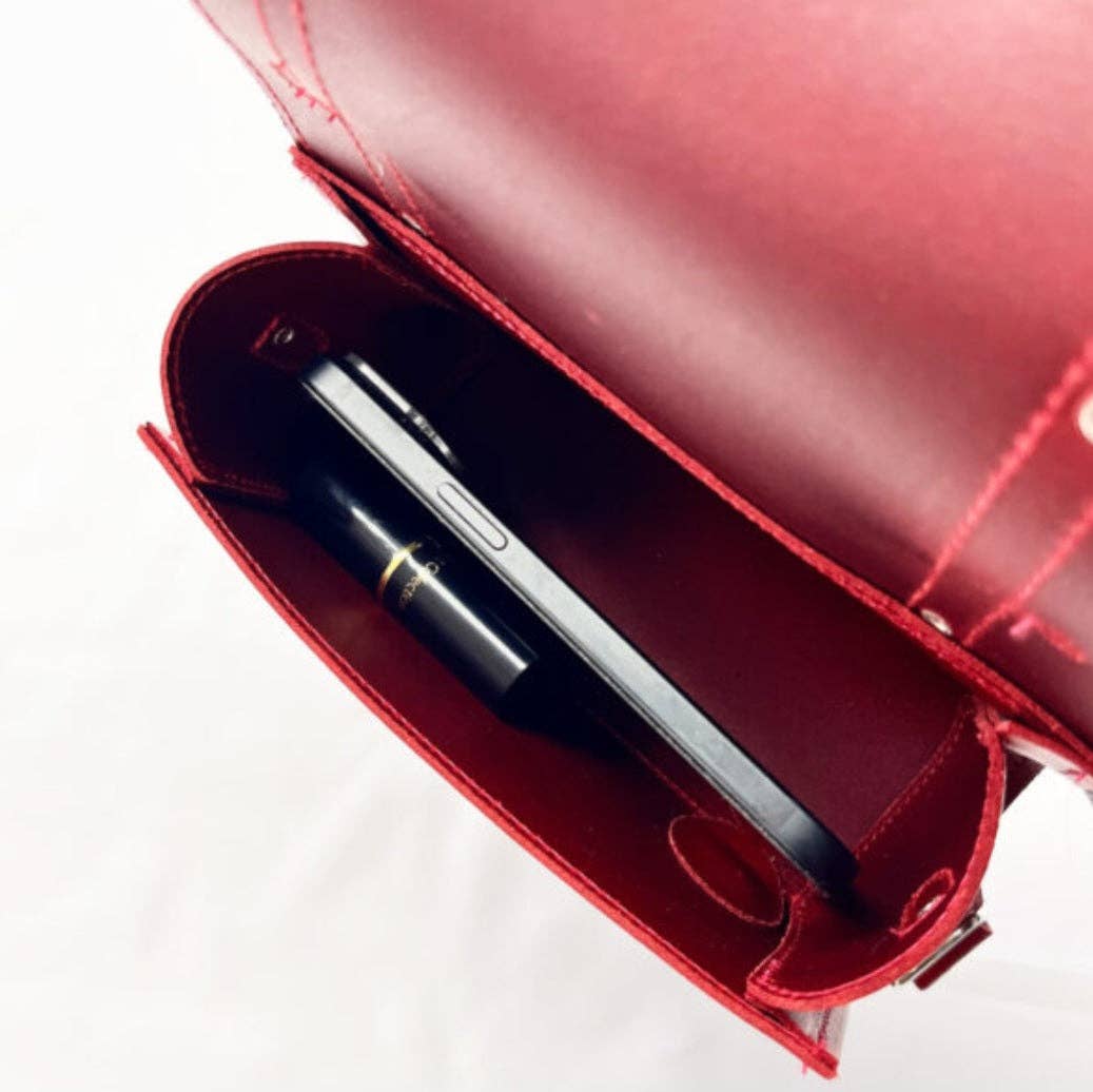 Handmade red leather bowler bag