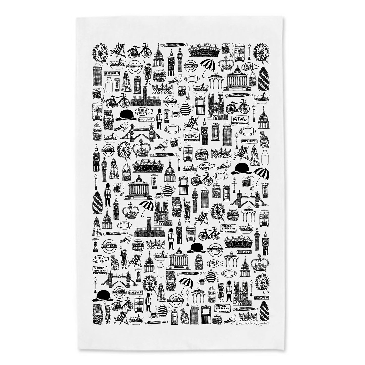 British icons black & white tea towel