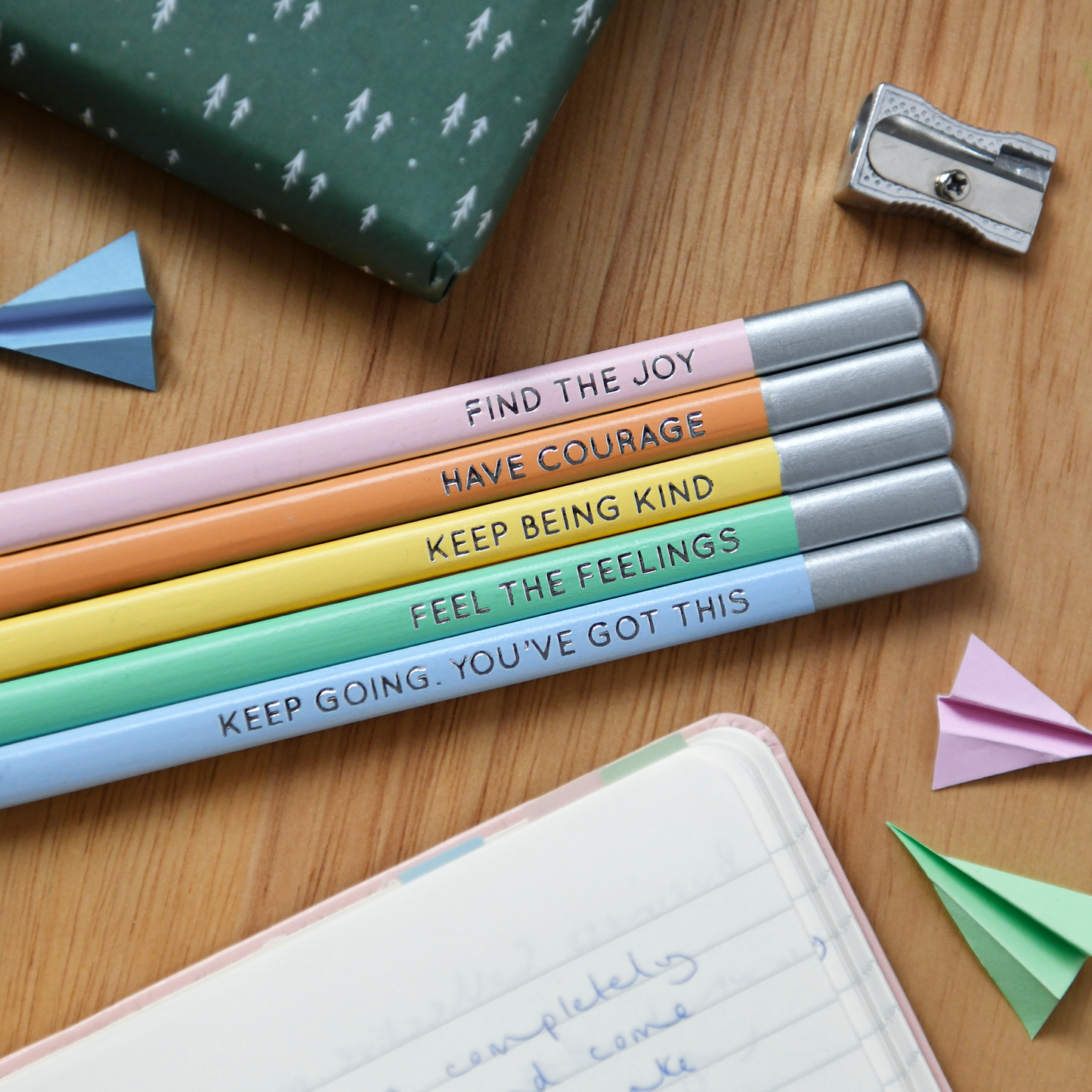 Set of five Daily Reminder positive pencils