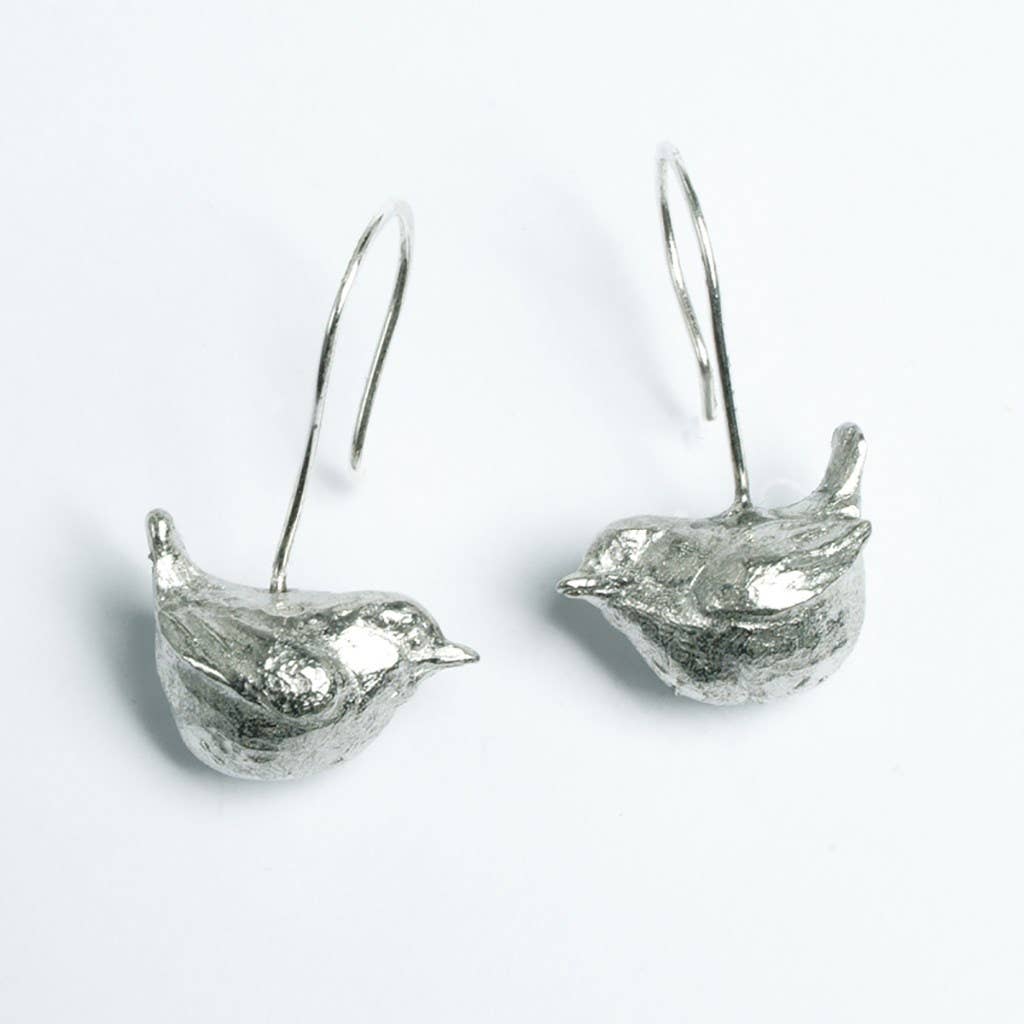 Pewter & sterling silver wren drop earrings