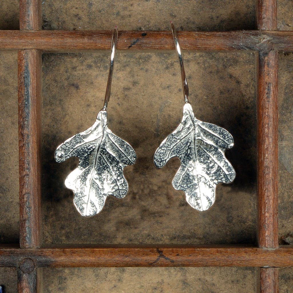 Pewter & sterling silver oak leaf drop earrings