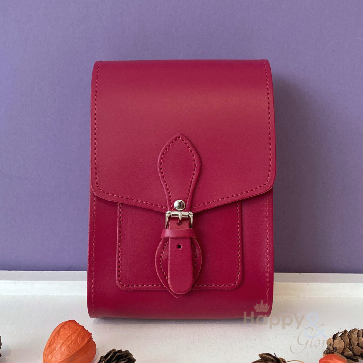 Handmade magenta leather festival bag