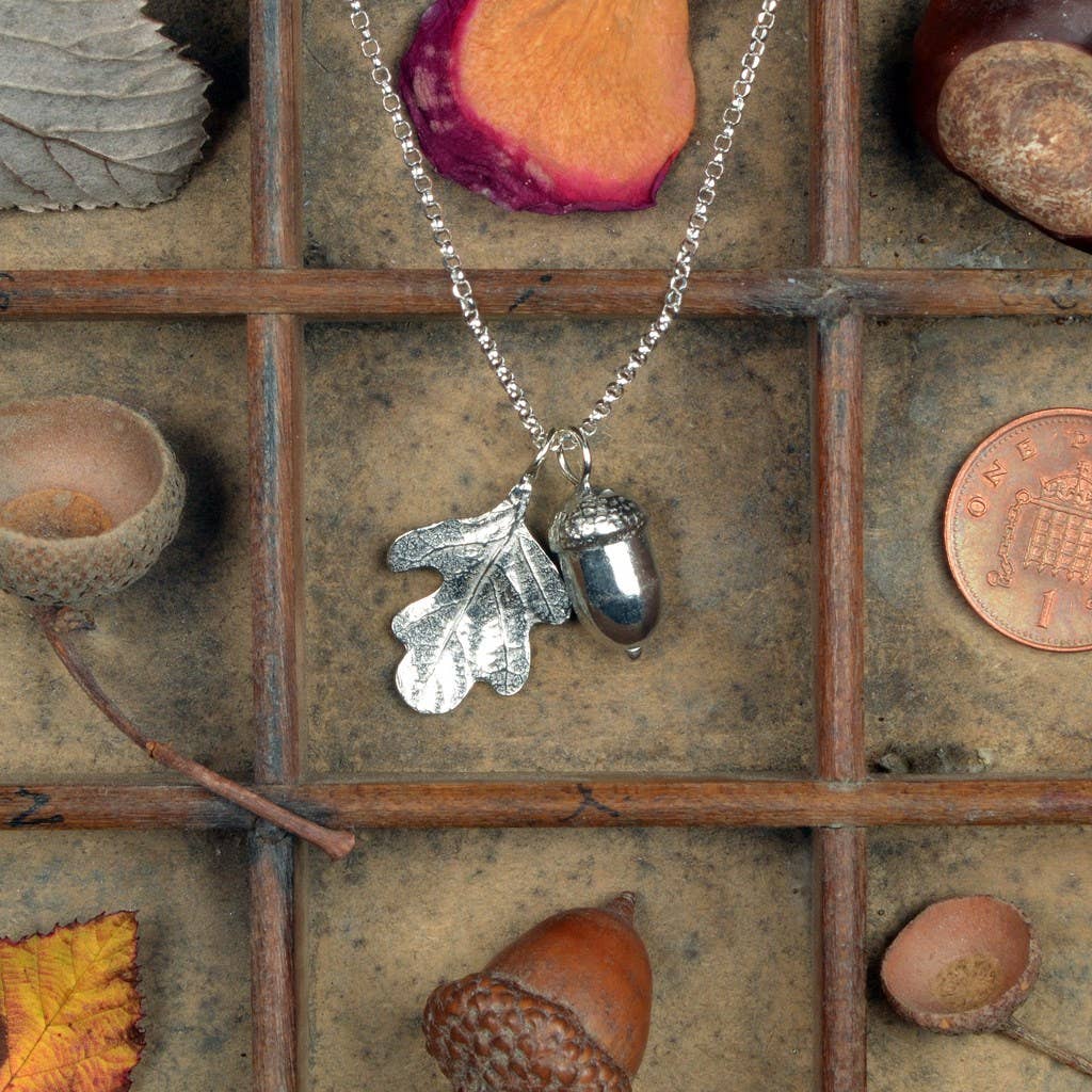 Pewter & sterling silver acorn & oak leaf necklace