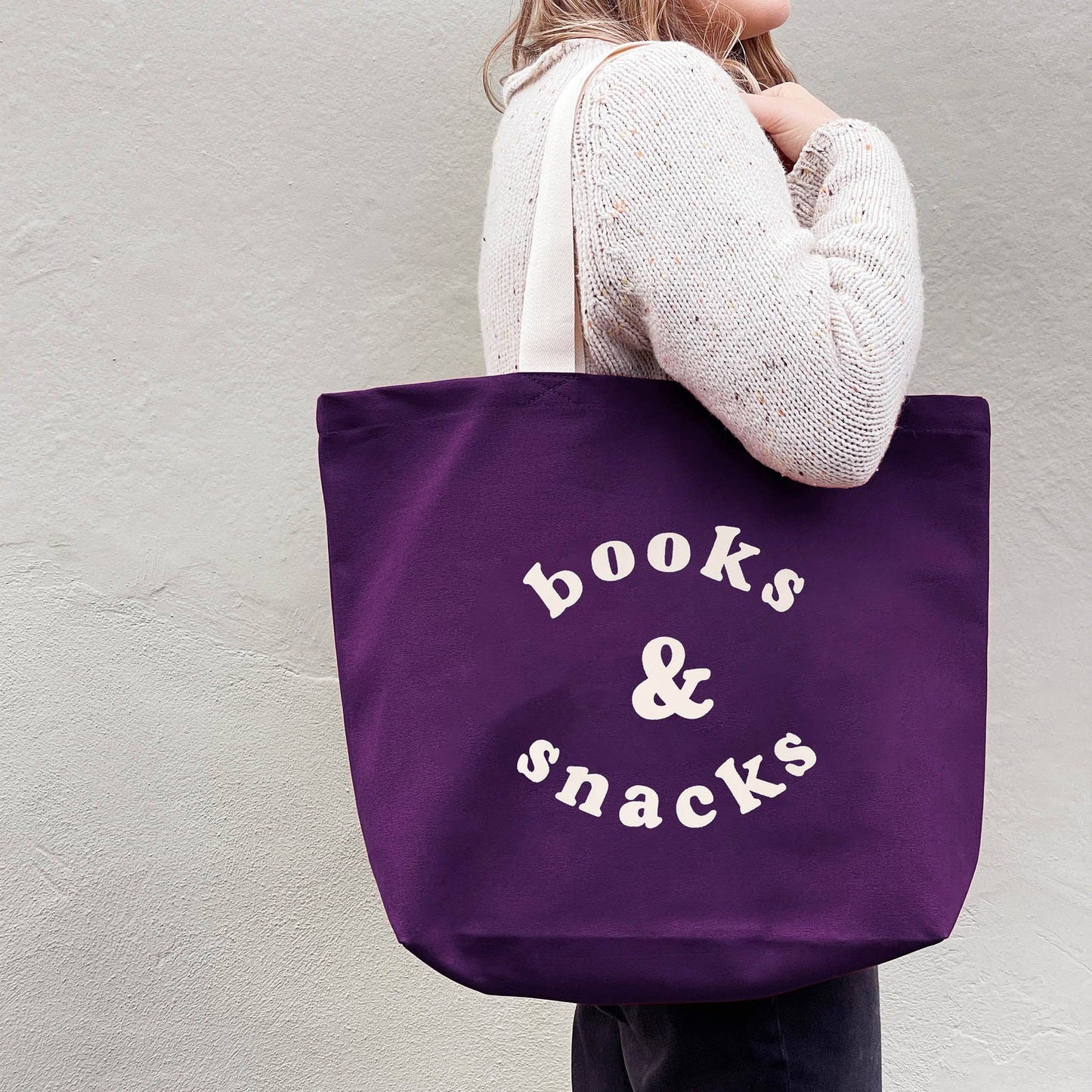 Purple books & snacks canvas tote bag