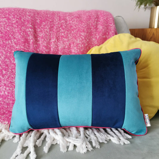 Teal Stripe velvet cushion