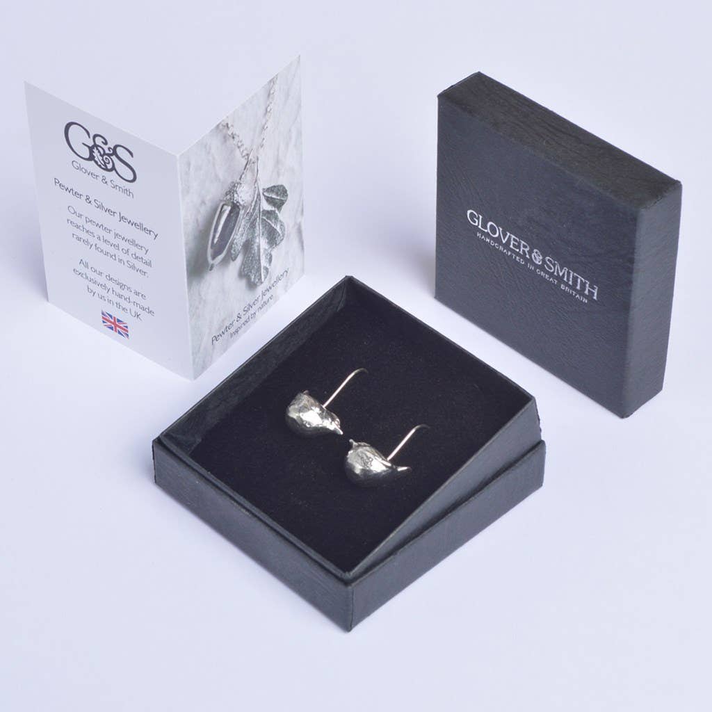 Pewter & sterling silver wren drop earrings
