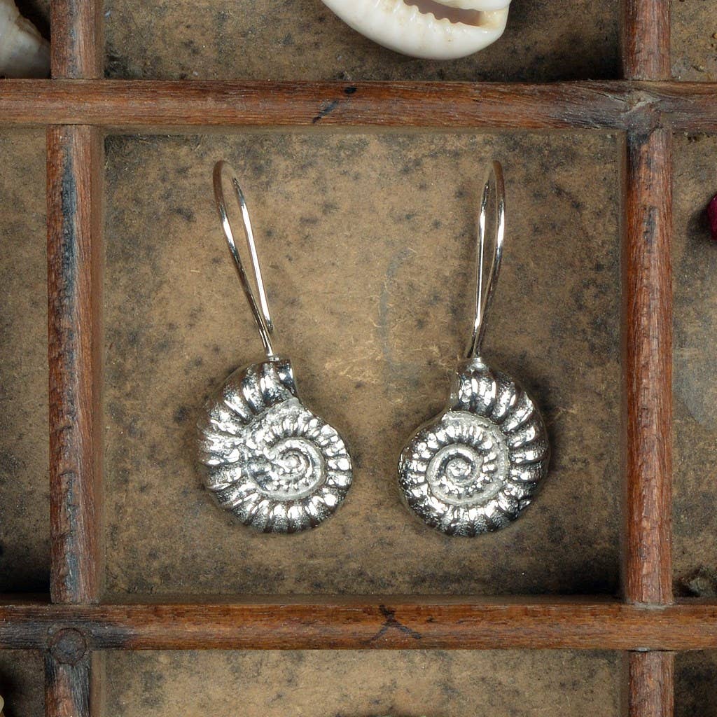 Pewter & sterling silver ammonite drop earrings