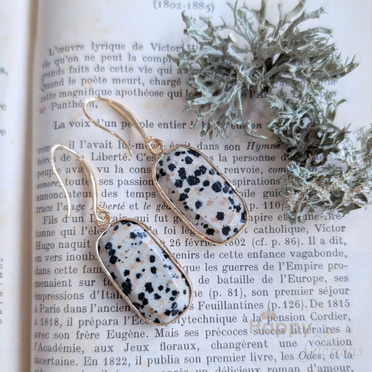 Dalmatian jasper rectangle gold plated earrings