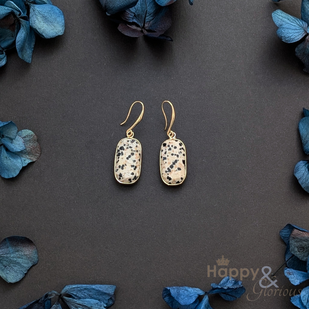 Dalmatian jasper rectangle gold plated earrings