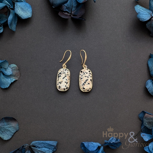 Dalmatian jasper rectangle gold plated earrings