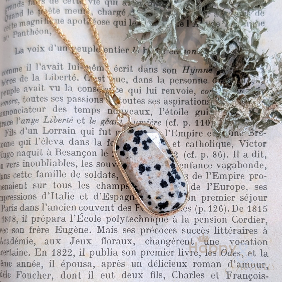 Dalmatian jasper rectangle gold plated necklace