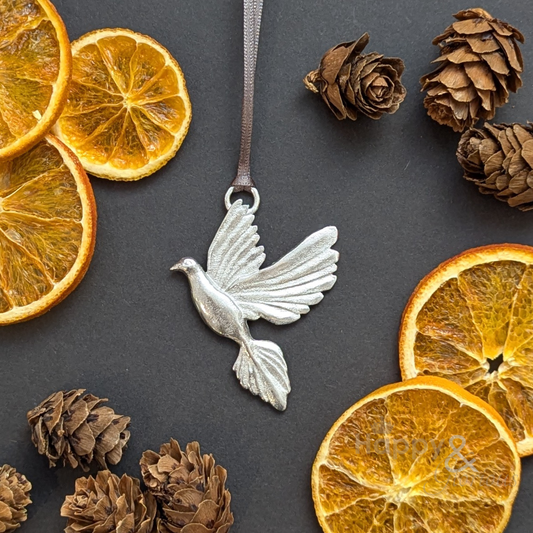 Pewter dove Christmas tree decoration - handmade by Lancaster & Gibbings