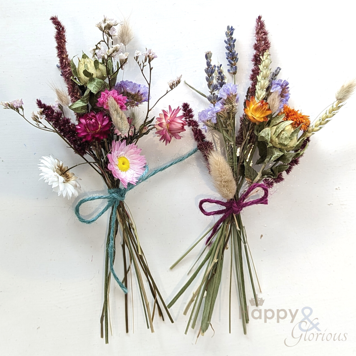 Mini hand tied dried flower posy Happy & Glorious