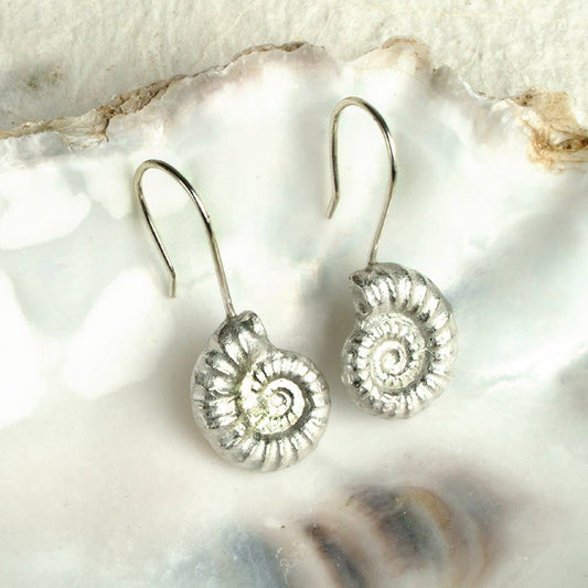 Pewter & sterling silver ammonite drop earrings