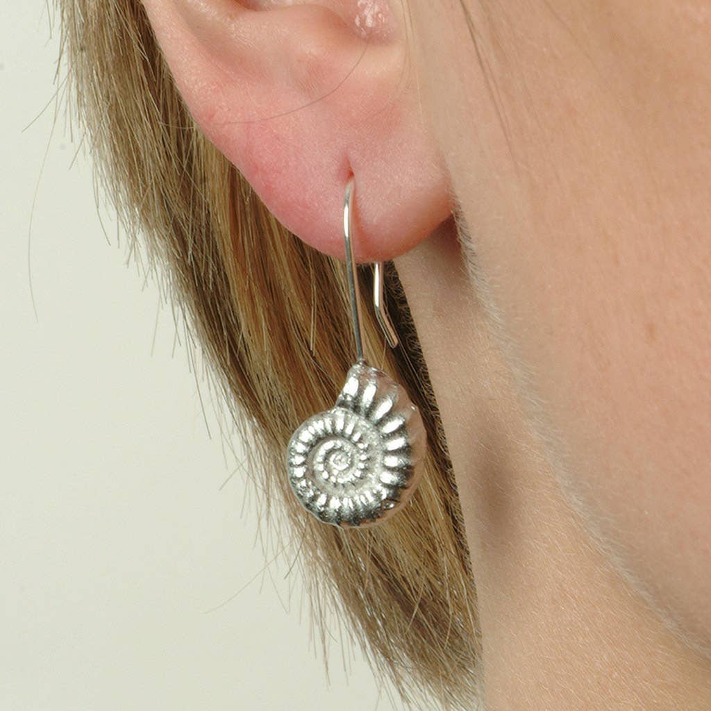 Pewter & sterling silver ammonite drop earrings
