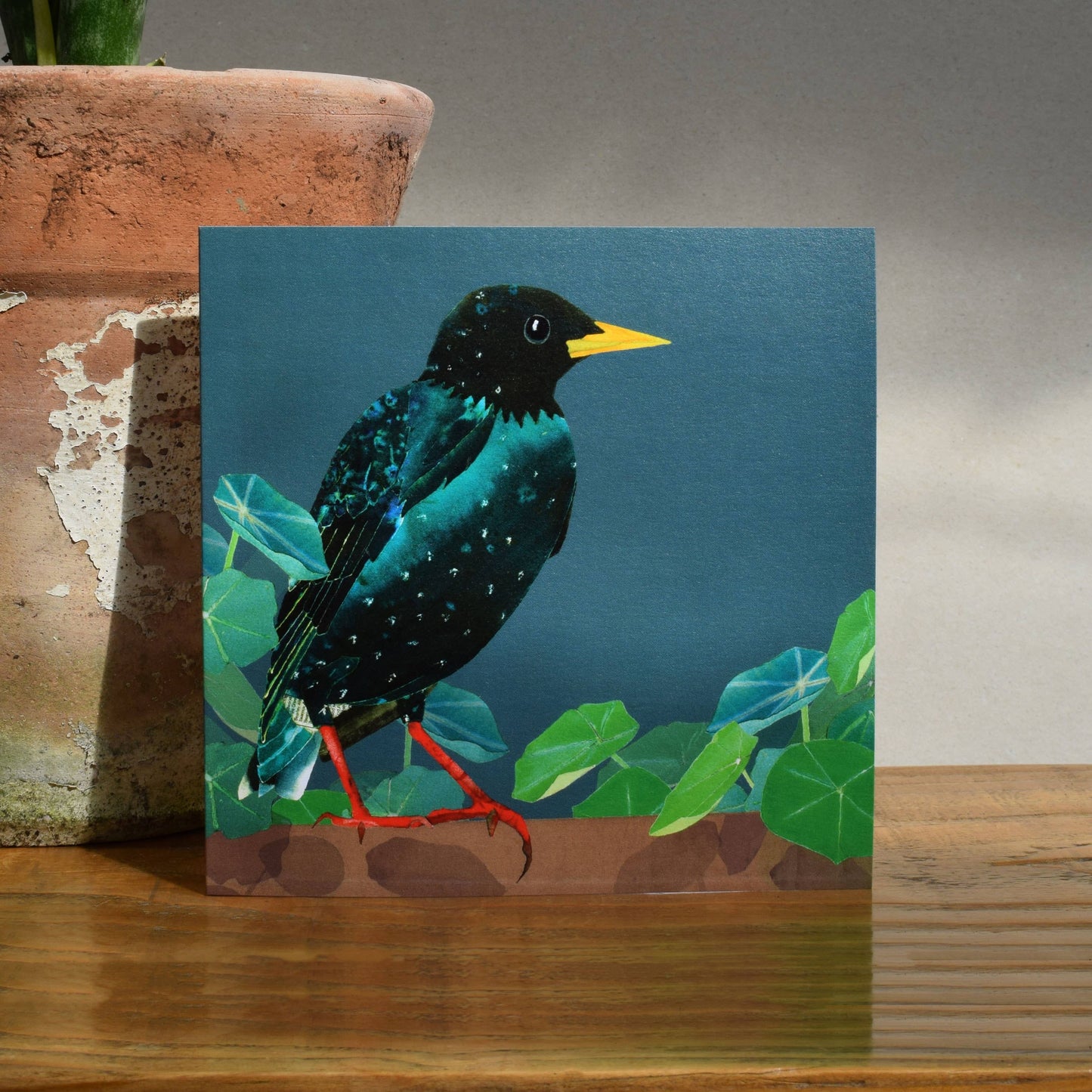 Starling with nasturtium leaves card