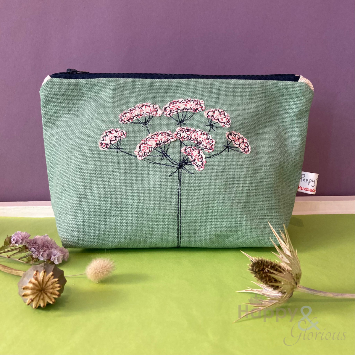Embroidered cow parsley makeup bag