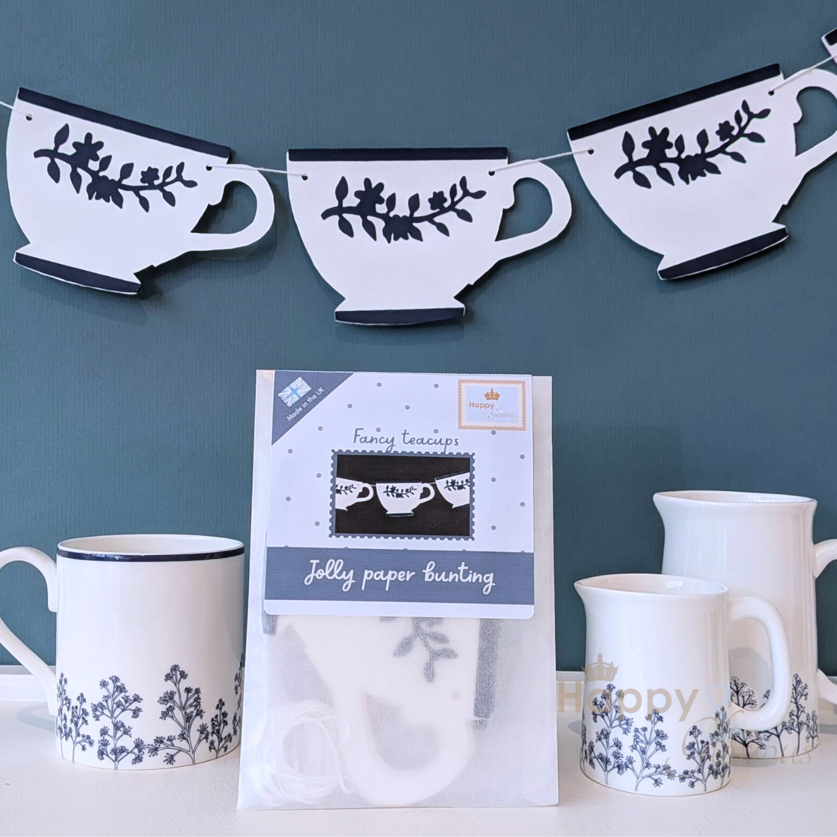 Fancy teacups jolly paper bunting - handmade party decoration | UK made