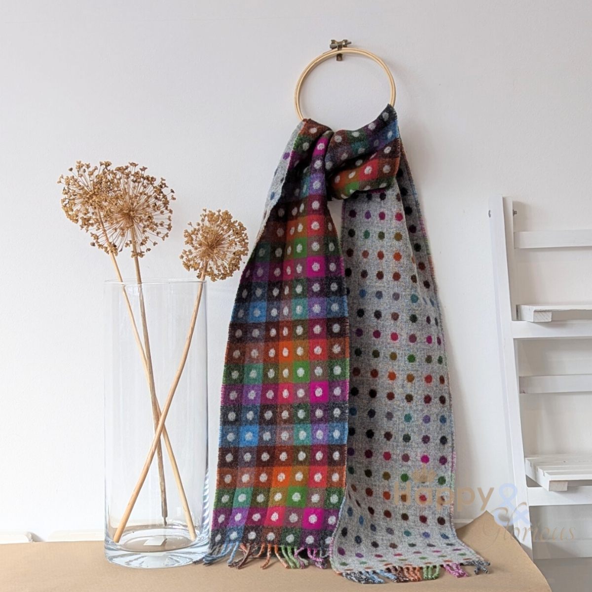 Multi-coloured & grey spotty merino scarf