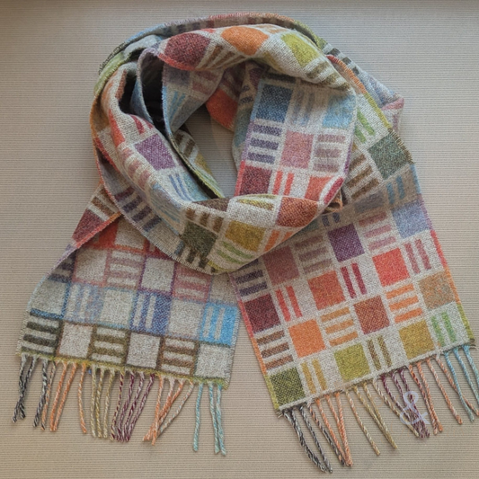 Multi-coloured 'ribbon' check merino wool scarf