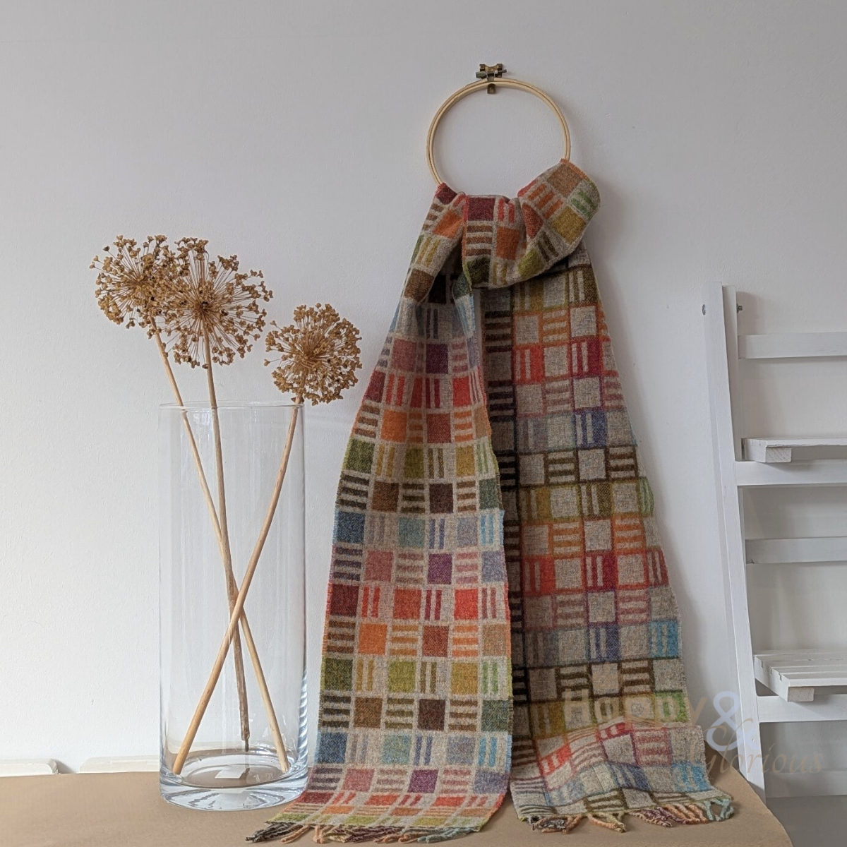 Multi-coloured 'ribbon' check merino wool scarf