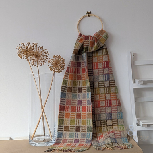 Multi-coloured 'ribbon' check merino wool scarf