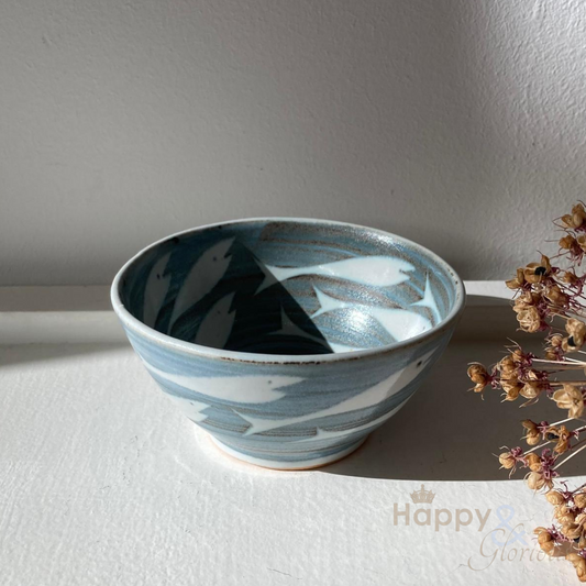 Small fishes handmade stoneware bowl