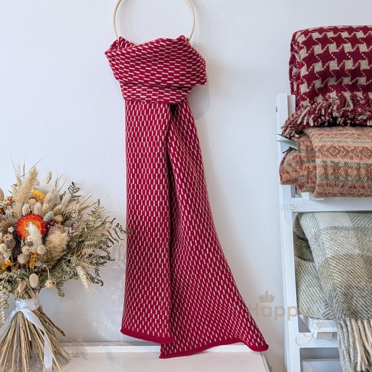 Cherry red geometric felted merino wool scarf