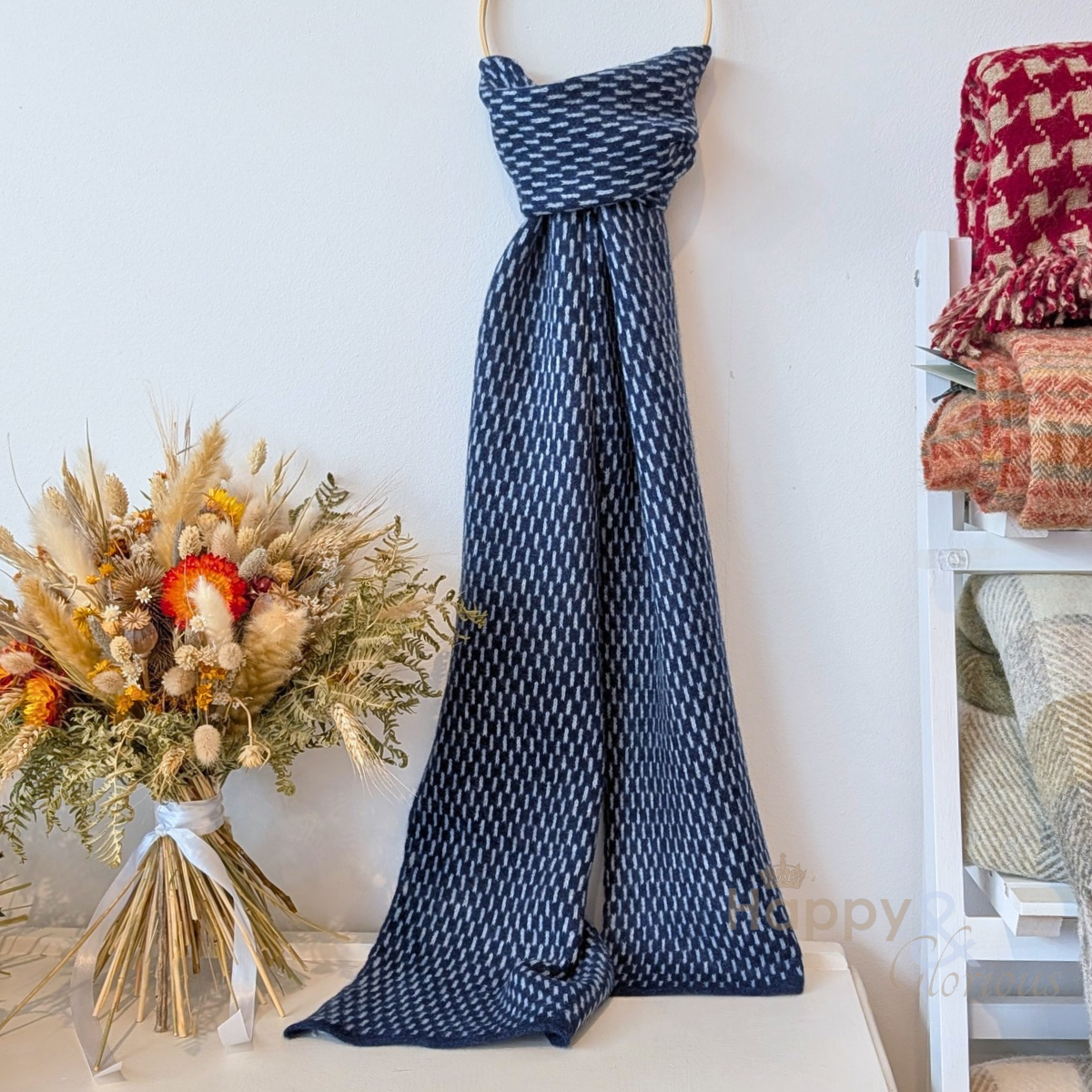 Navy geometric felted merino wool scarf